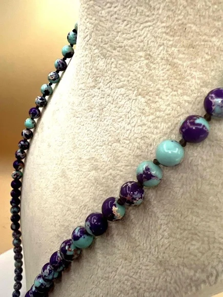 New Purple Teal Colored Stone & Glass Beaded Pendant Necklace - Picture 6 of 15